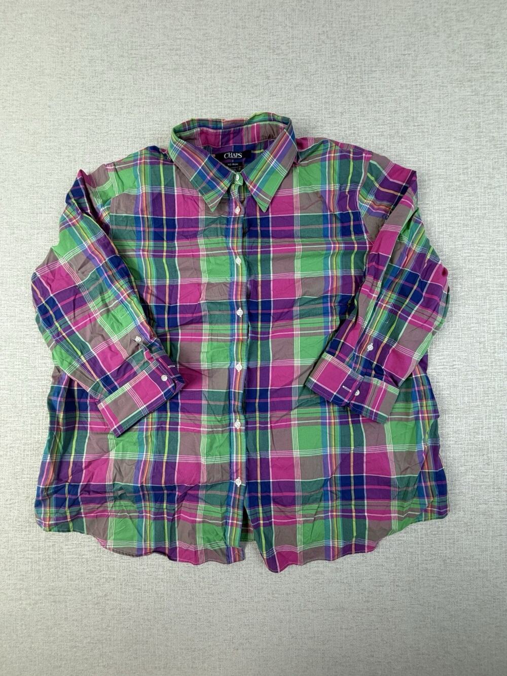Chaps Women’s 2X 22W Multicolor Madras Plaid 3/4 Sleeve Button-Up Shirt
